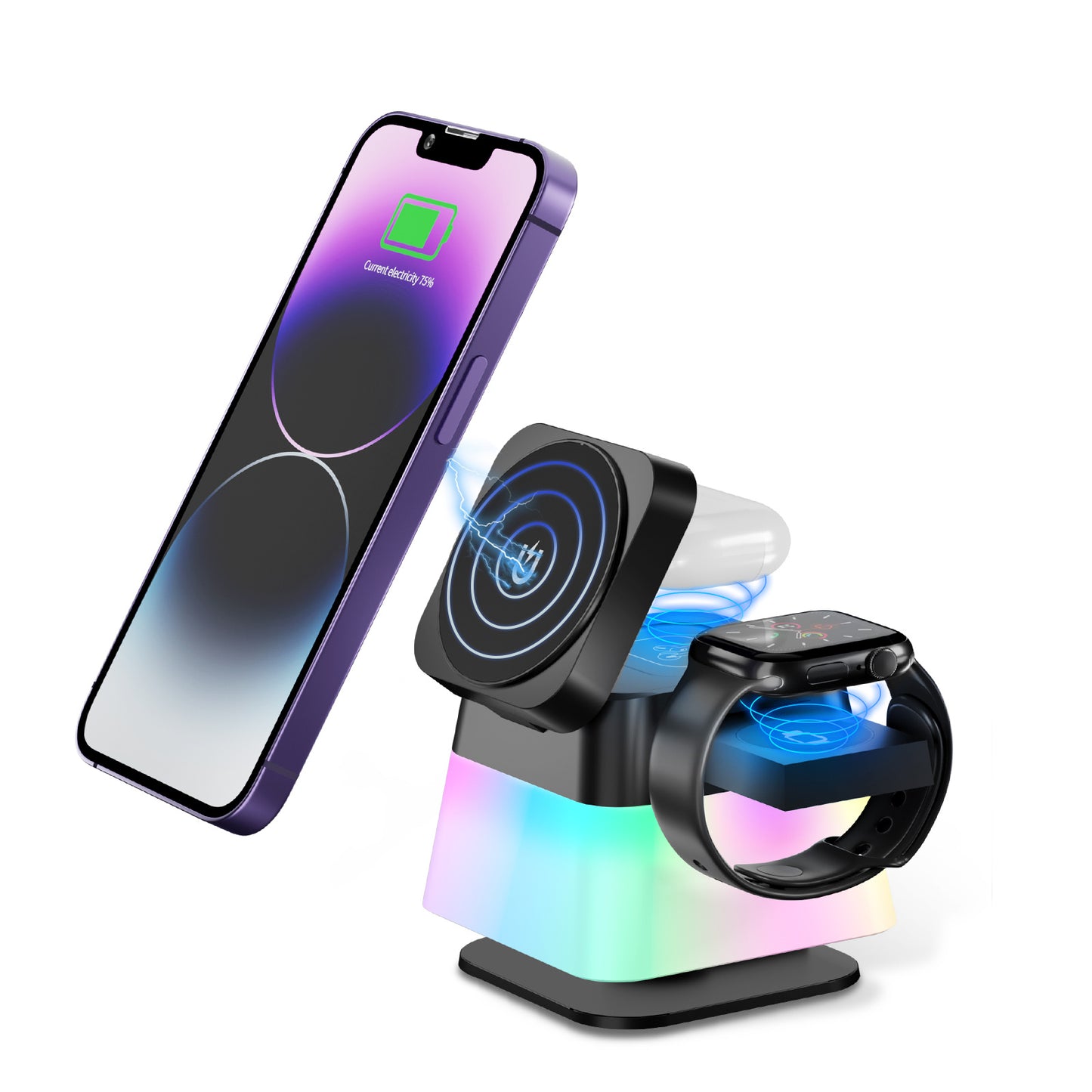 4 In 1 Rotatable Colourful Lighting Wireless Charger Stand For IPhone 15,14,13,12 Pro Max Holder. Magnetic Fast Charging Station