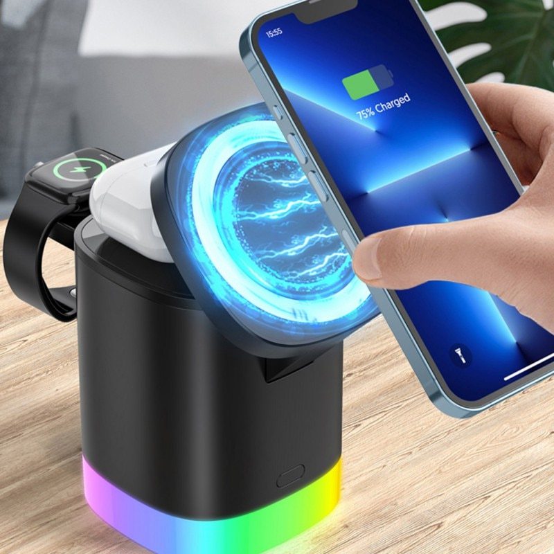 3 In 1 Magnetic Wireless Fast Charger For Smart Phone RGB Ambient Light Charging Station For Airpods IWatch