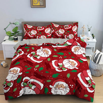 Red Cartoon Santa Claus Three-piece Digital Printing Bedspread