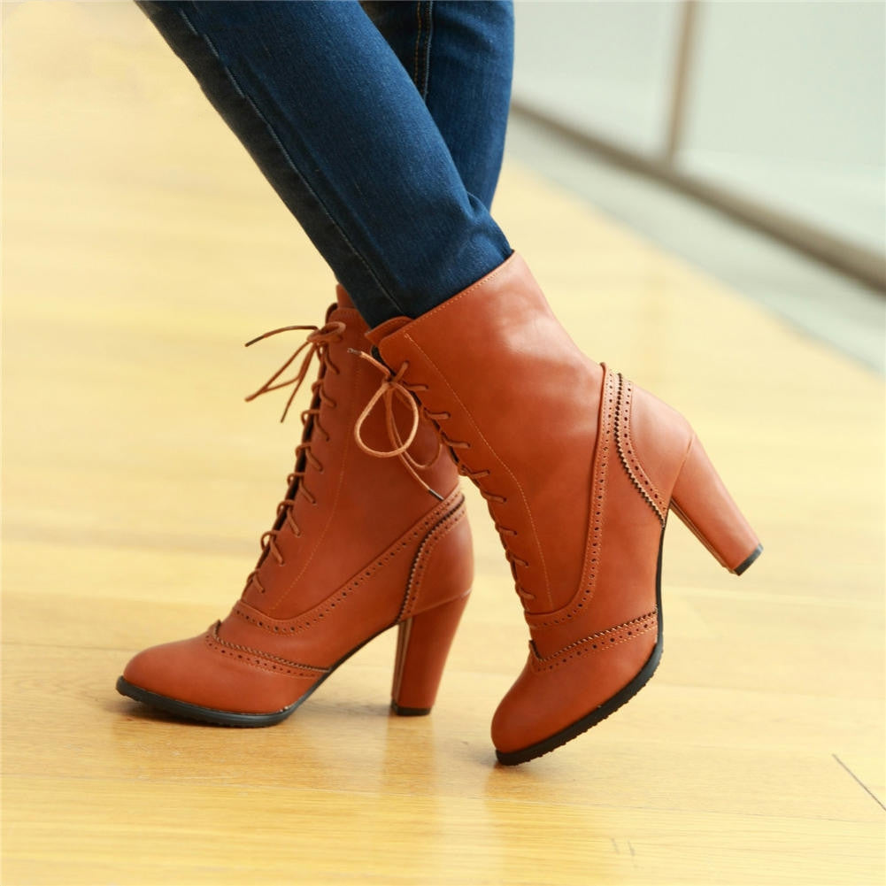 Plus Size Women's Boots 40-43 High Heel Short Boots Lace Up Women's Boots