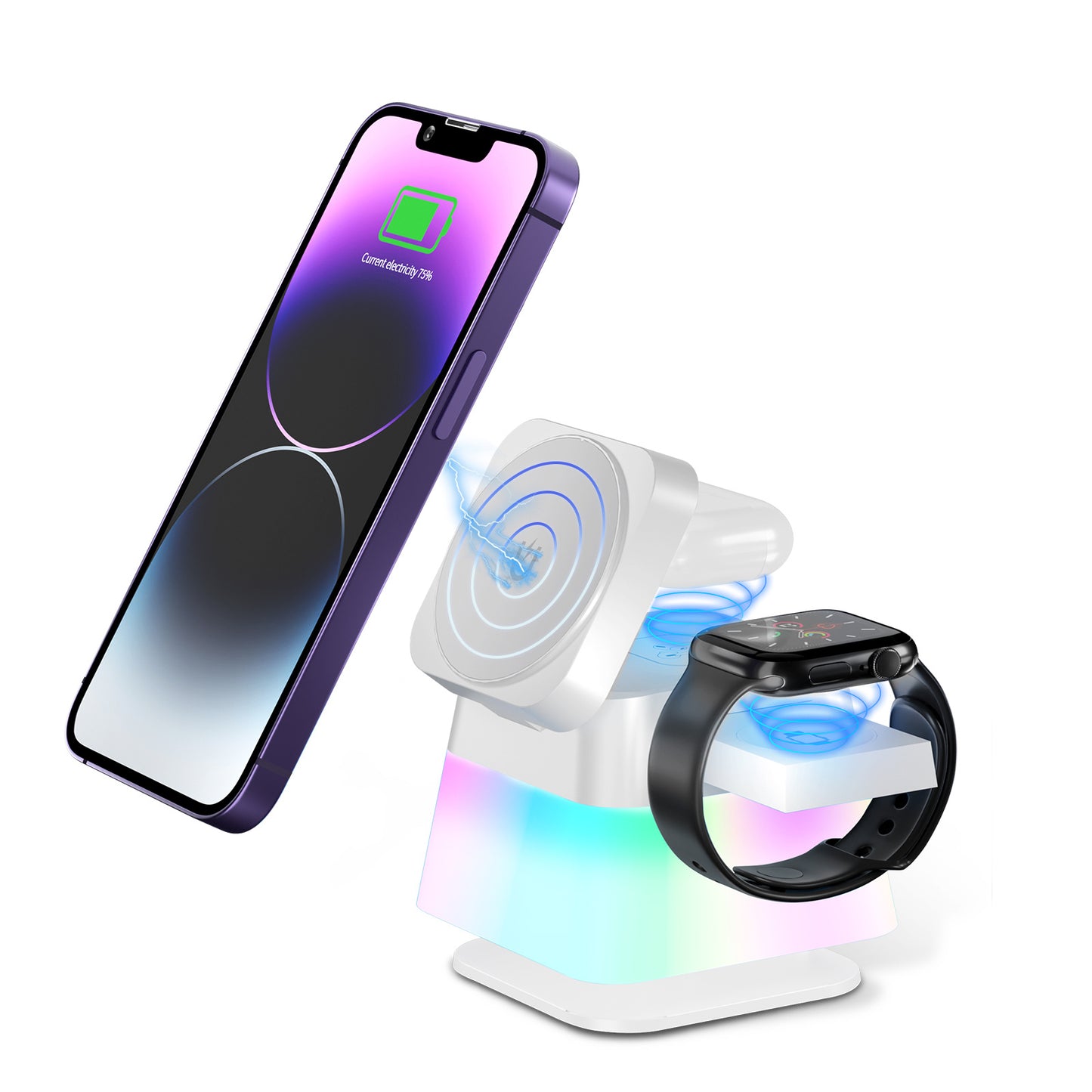 4 In 1 Rotatable Colourful Lighting Wireless Charger Stand For IPhone 15,14,13,12 Pro Max Holder. Magnetic Fast Charging Station