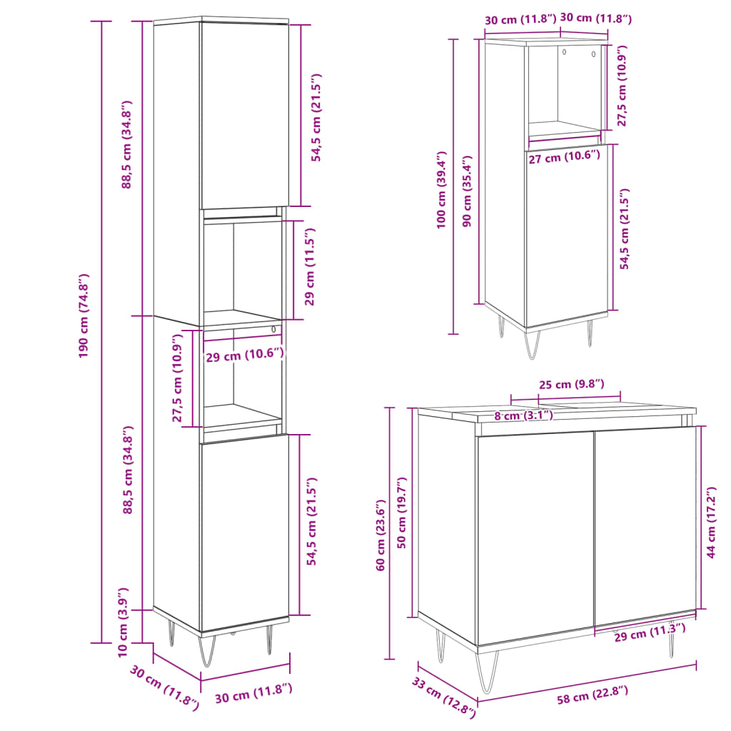 3 Piece Bathroom Furniture Set Sonoma Oak Engineered Wood