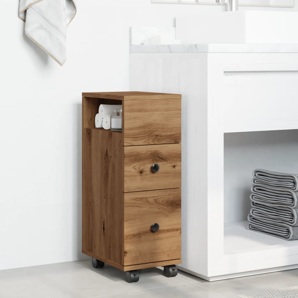 Narrow Bathroom Cabinet With Wheels Artisian Oak Engineered Wood