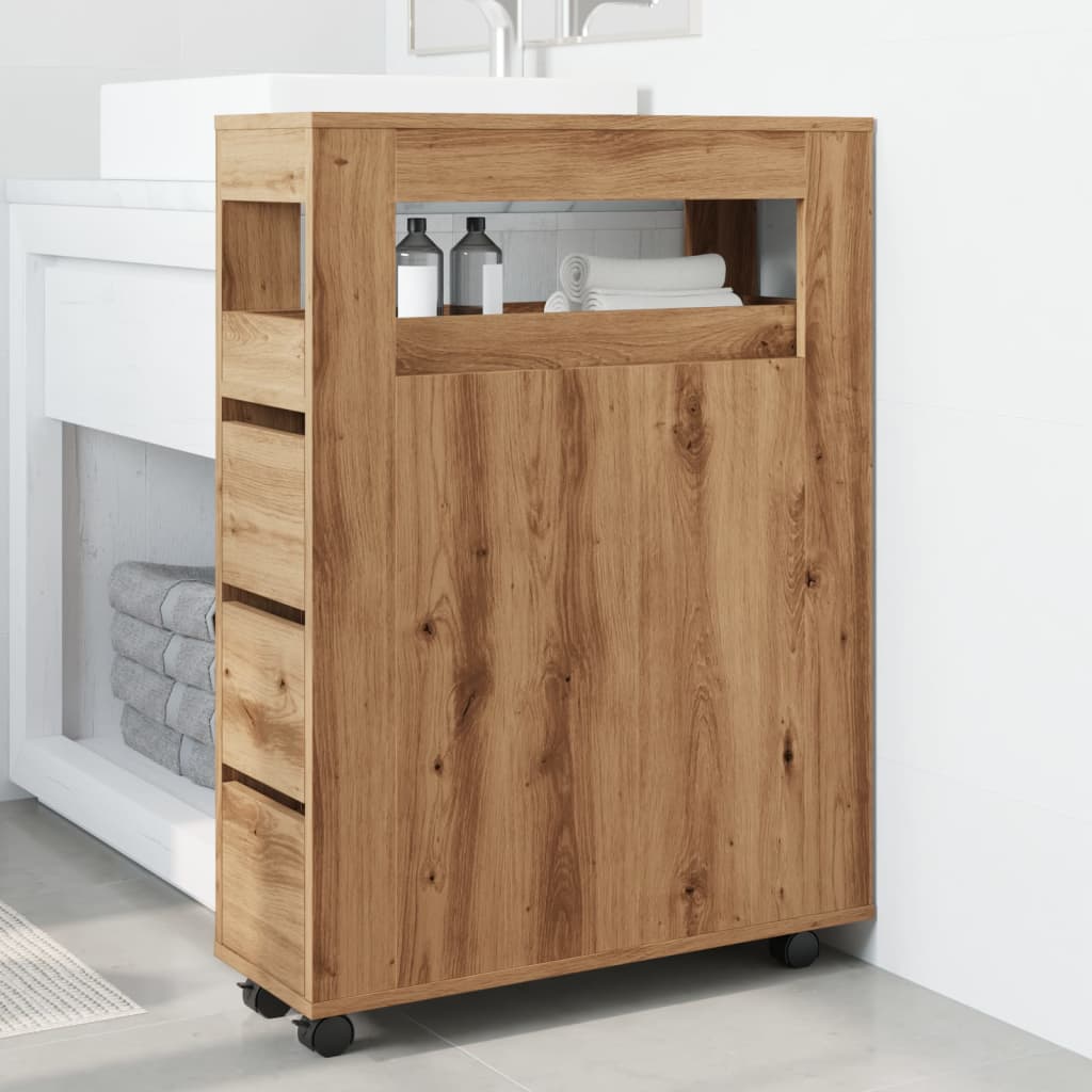 Narrow Bathroom Cabinet With Wheels Artisian Oak Engineered Wood