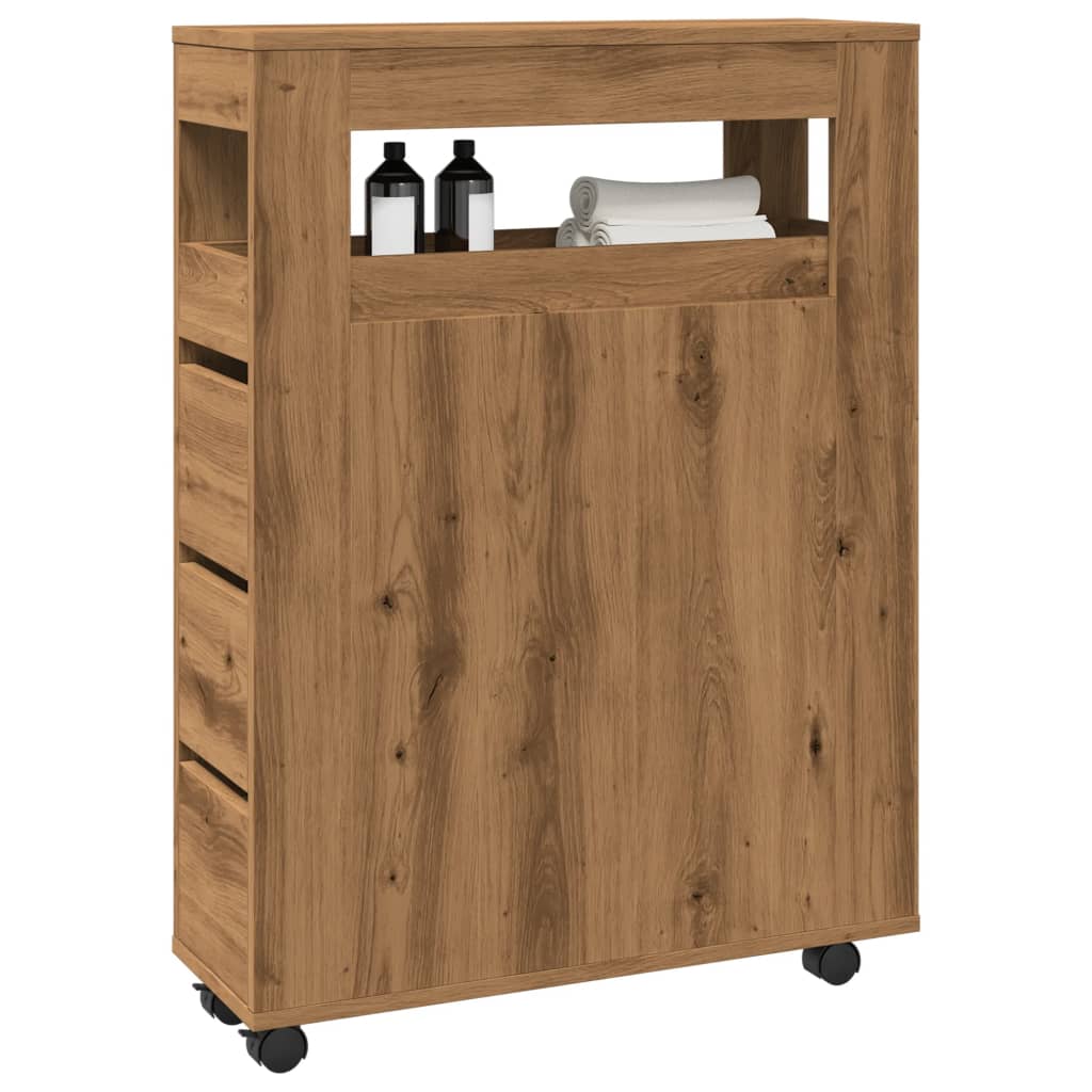 Narrow Bathroom Cabinet With Wheels Artisian Oak Engineered Wood