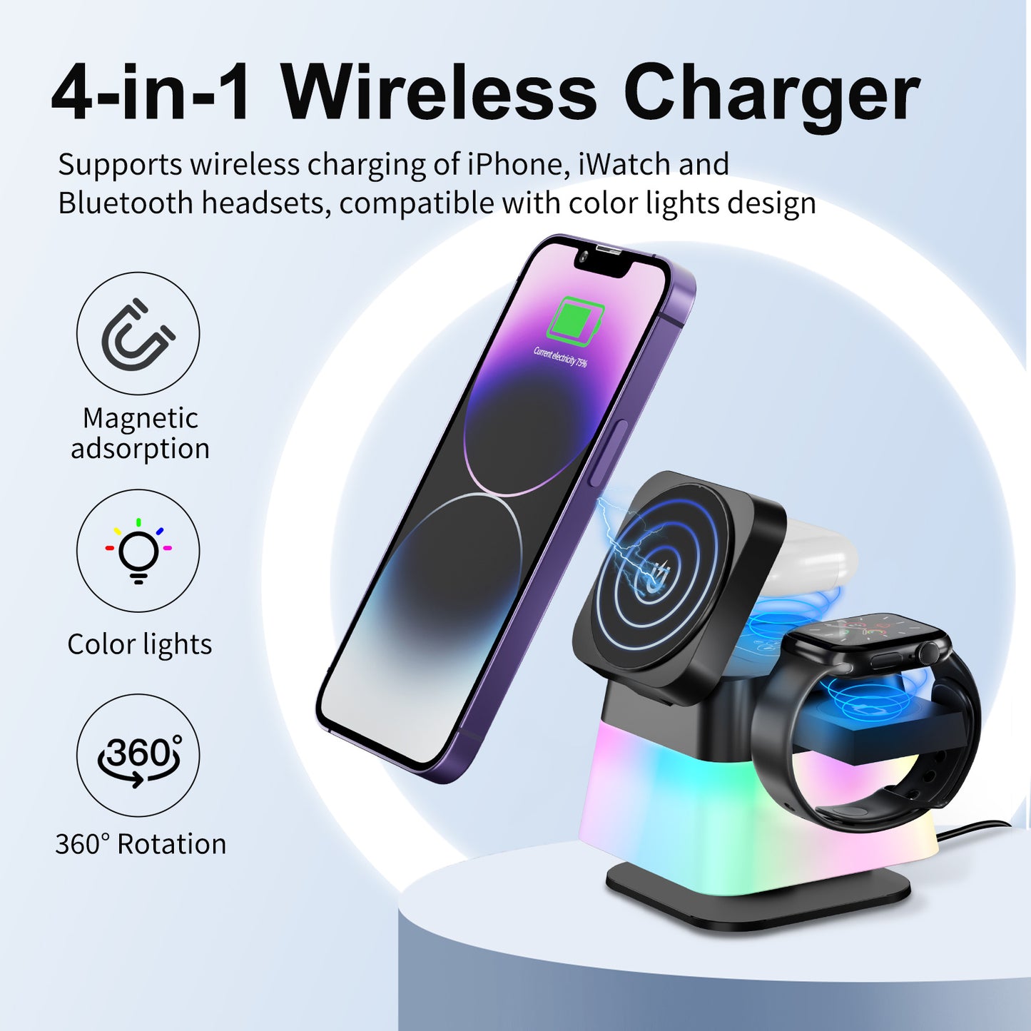 4 In 1 Rotatable Colourful Lighting Wireless Charger Stand For IPhone 15,14,13,12 Pro Max Holder. Magnetic Fast Charging Station