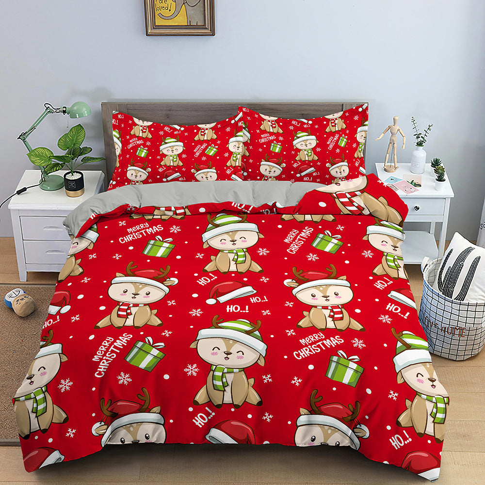 Red Cartoon Santa Claus Three-piece Digital Printing Bedspread