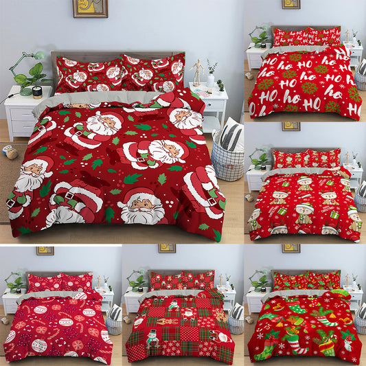 Red Cartoon Santa Claus Three-piece Digital Printing Bedspread