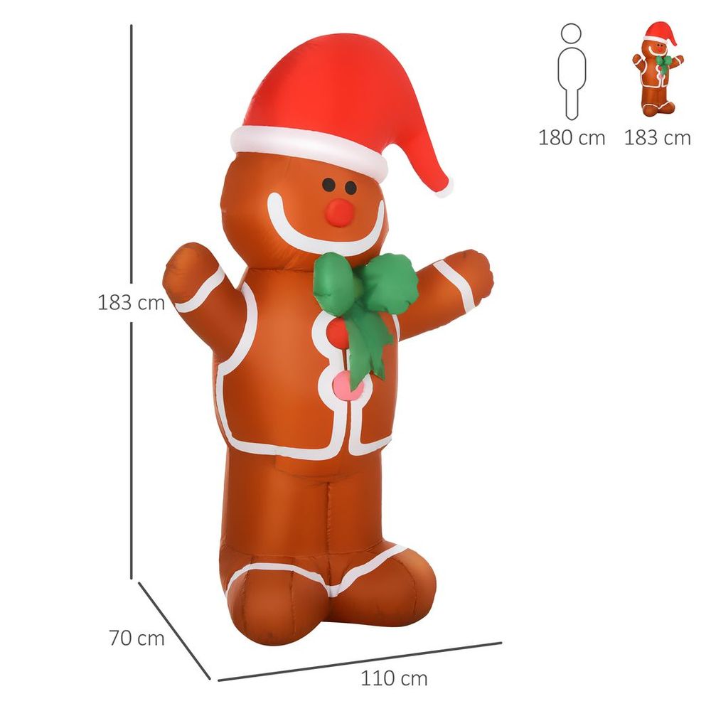 HOMCOM 6ft Christmas Inflatable Gingerbread Man & Santa Hat w/ LED Lights