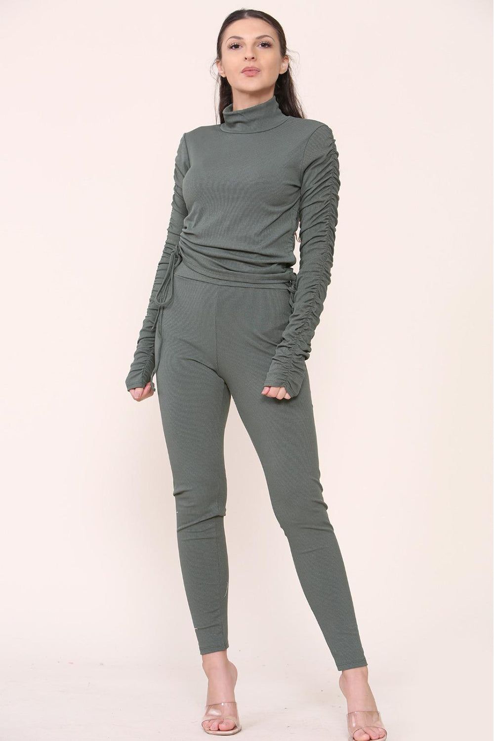 High Neck Ruched Side Arm Solid Drawstrings Ribbed Tee and Leggings set