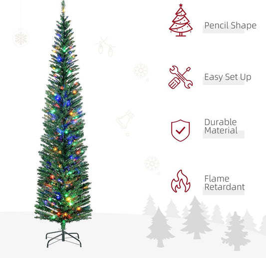 HOMCOM 7.5ft Artificial Pencil Christmas Tree with Colourful Lights, Steel Base