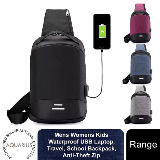 Mens Womens Kids Waterproof USB Laptop, Travel, School Backpack, Anti-Theft Zip