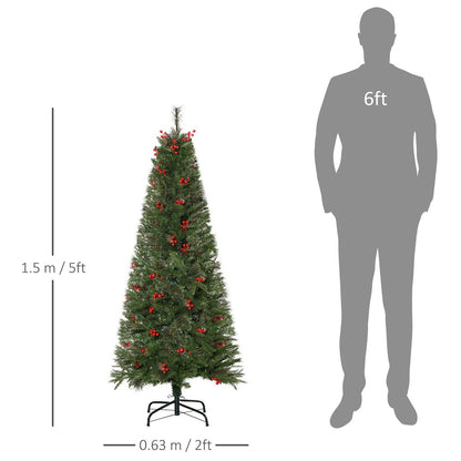 5ft Artificial Christmas Tree Holiday with Pencil Shape, Berries HOMCOM